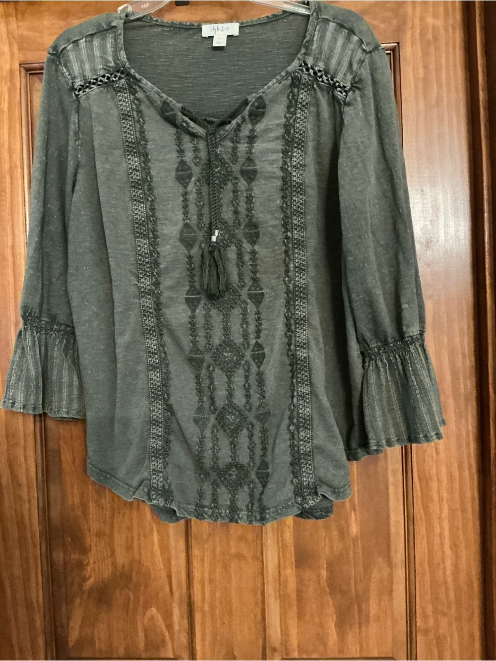 Boho Tassel Peasant Top - Olive Green